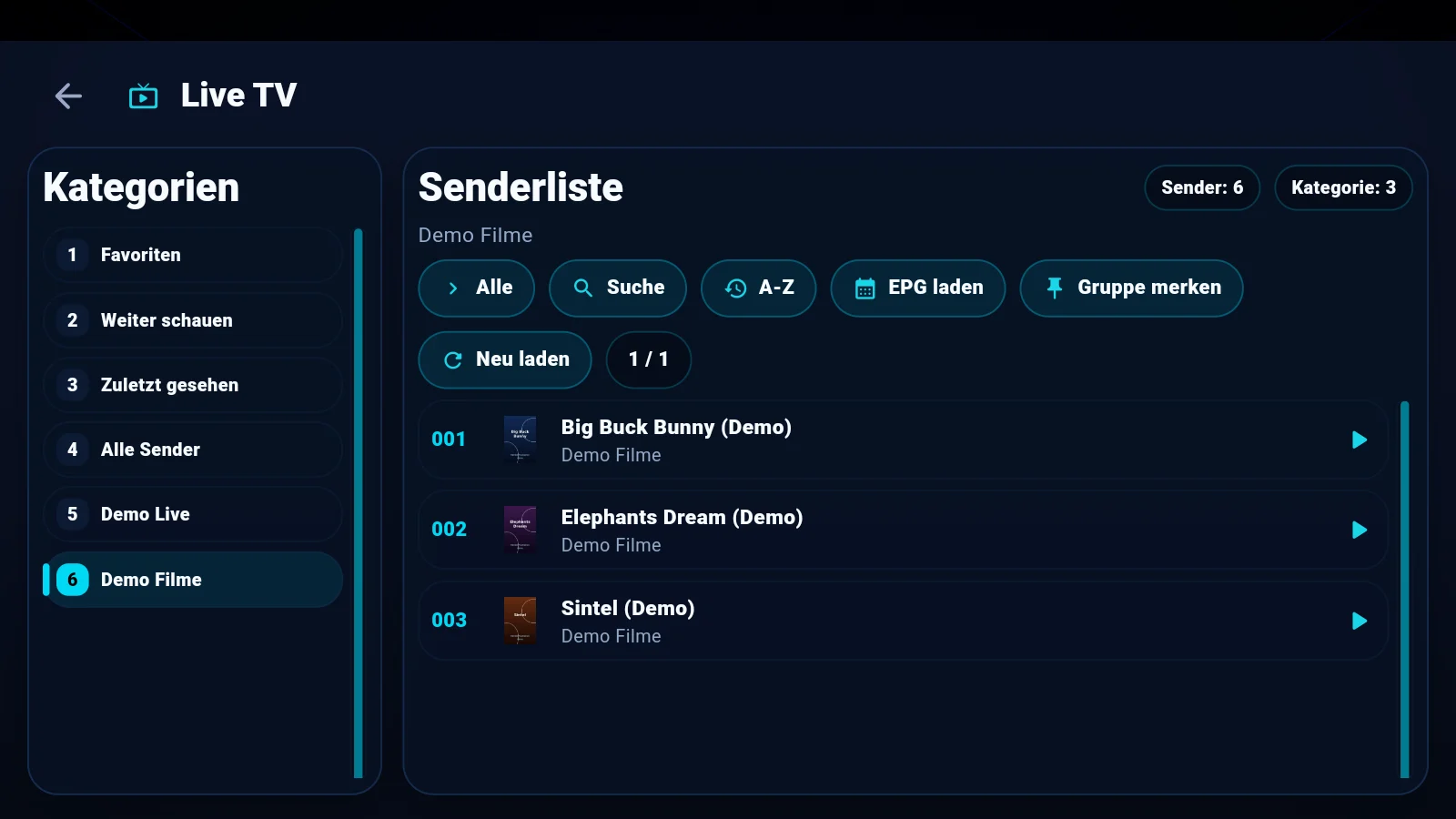 Live-TV-Senderliste mit Kategorien